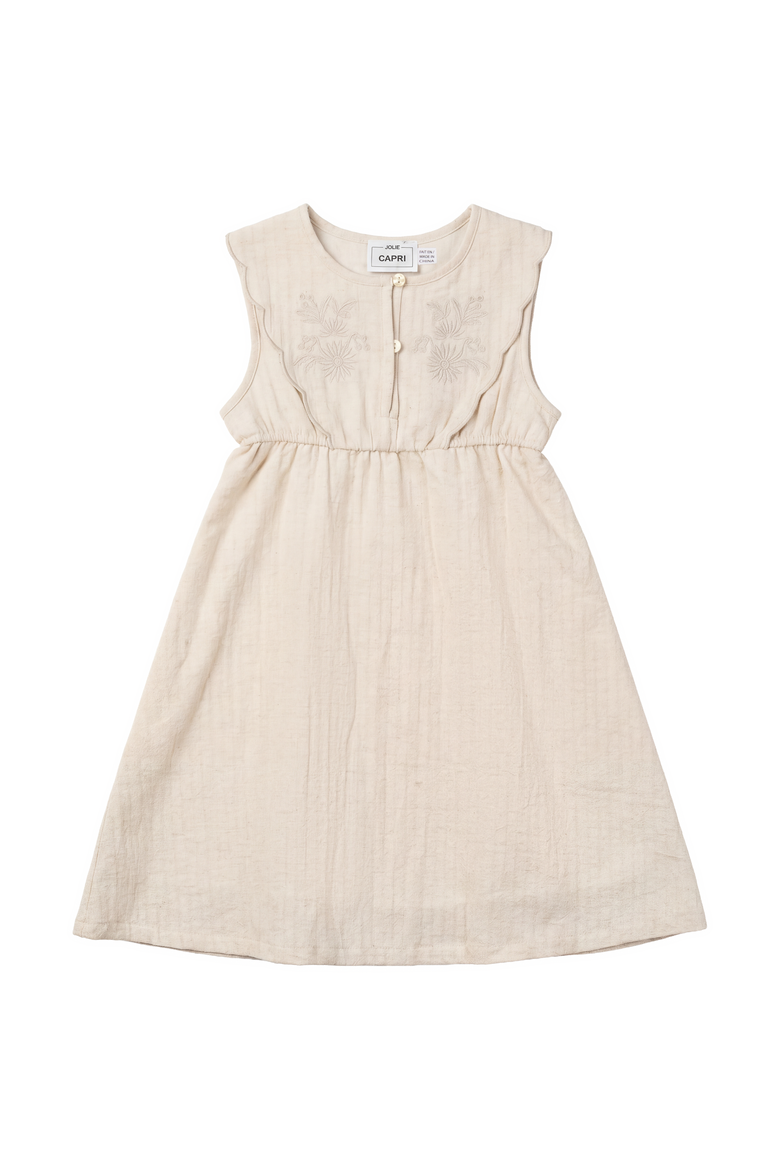 Floral Embroidered Scalloped Yoke Linen Dress, Main, color, Linen