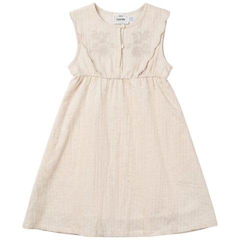 Floral Embroidered Scalloped Yoke Linen Dress (Toddler, Little Kid & Big Kid)
