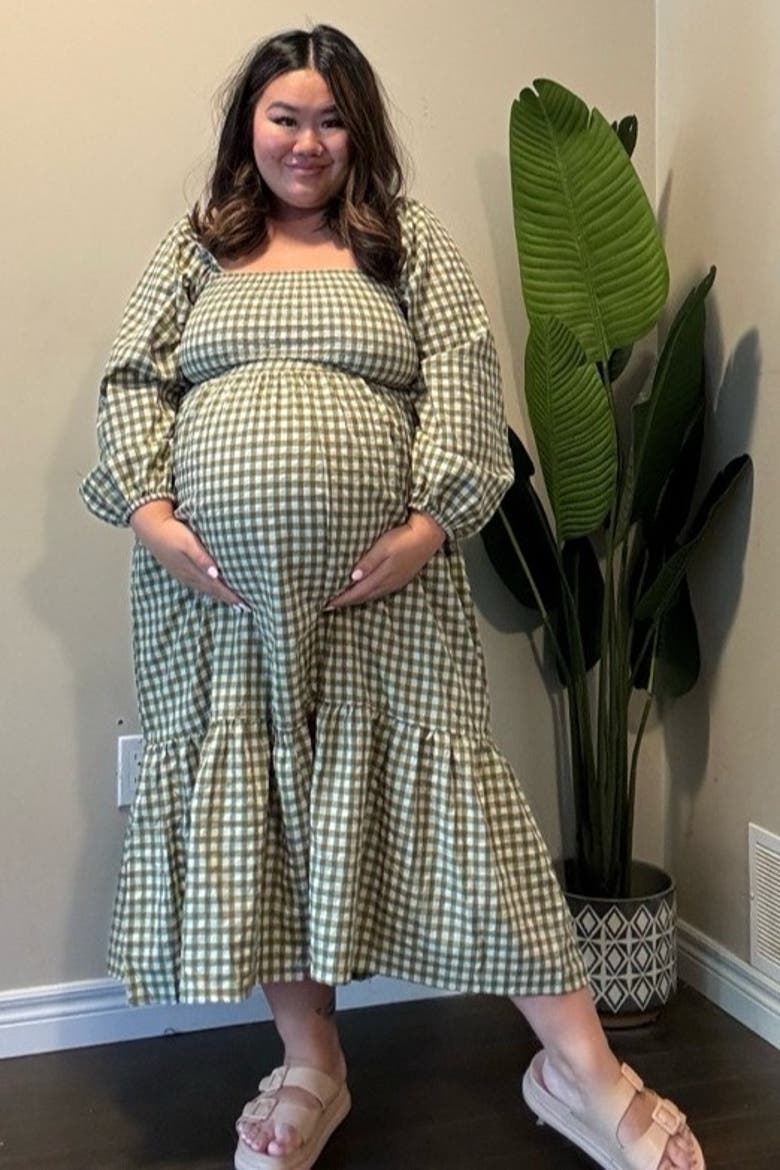 Gingham Long Sleeve Midi Dress, Alternate, color, Olive Green