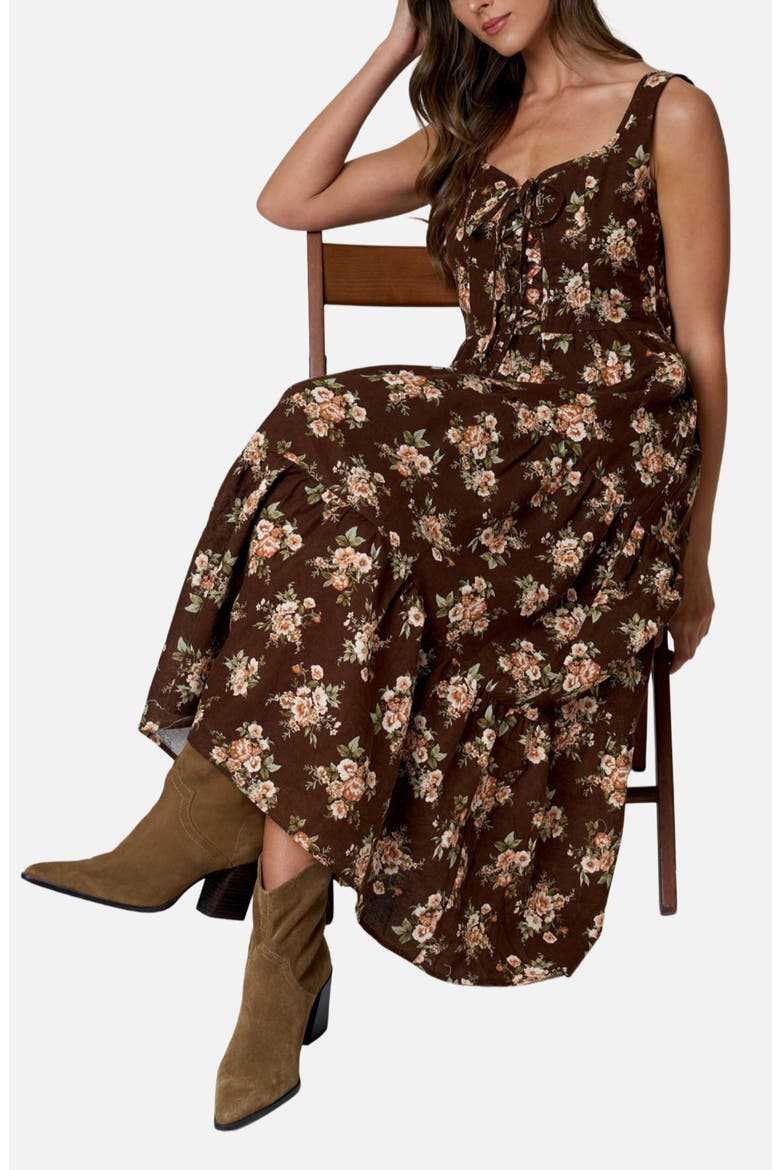 Tie Front Floral Midi Dress, Alternate, color, BROWN MULTI