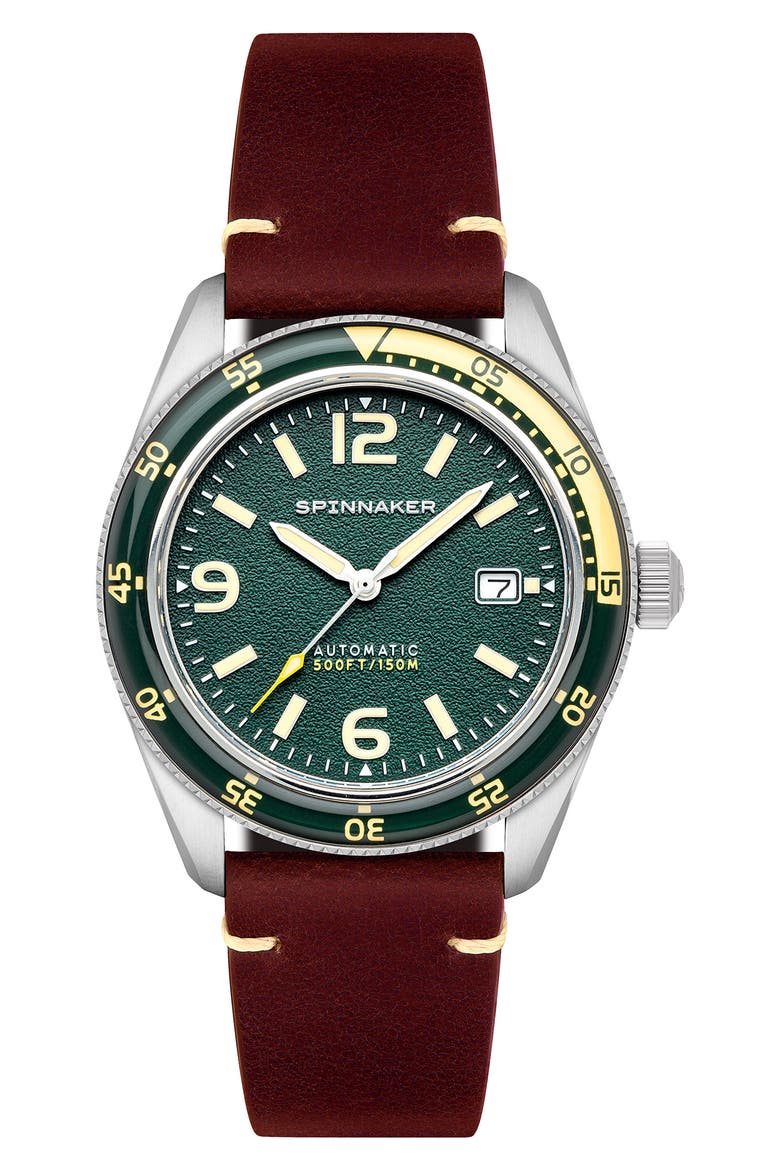 Fleuss Automatic Leather Strap Watch, 43mm, Main, color, GREEN
