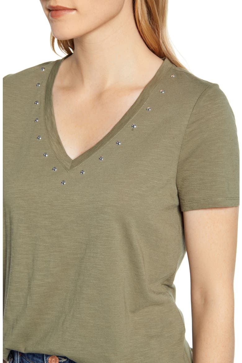 Studded V-Neck Cotton Blend T-Shirt, Alternate, color, LIGHT SAGE