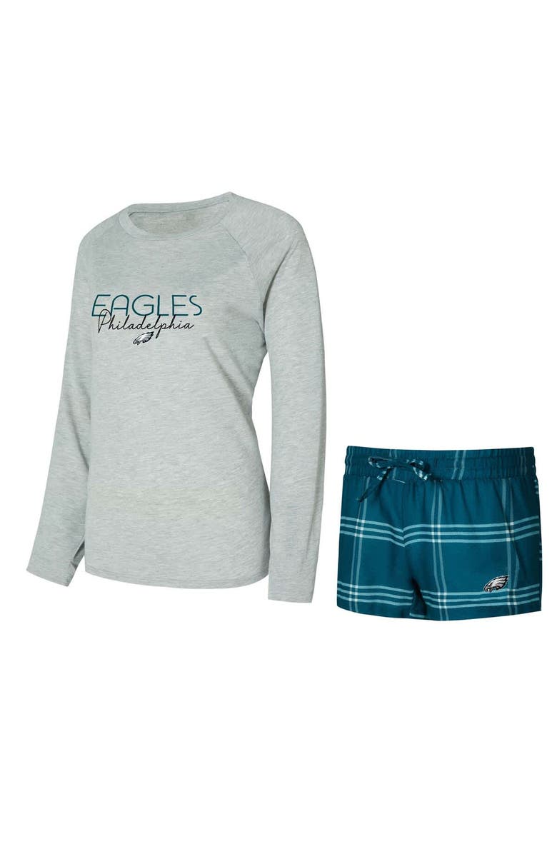 CONCEPTS SPORT Women's Concepts Sport Midnight Green/Gray Philadelphia Eagles Petition Raglan Long Sleeve T-Shirt and Shorts Set, Alternate, color, 