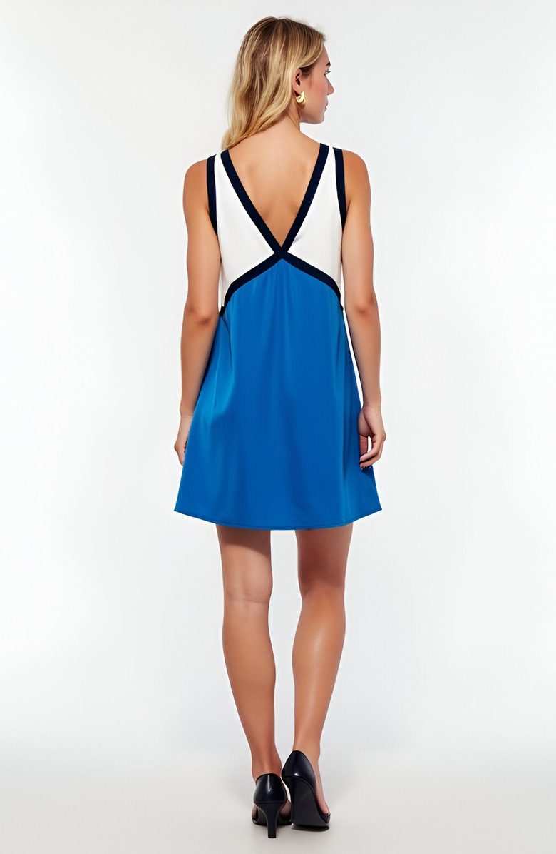 Modenaire Sleeveless V-Neck Mini Dress with Contrast Binding, Alternate, color, Blue / White / Navy
