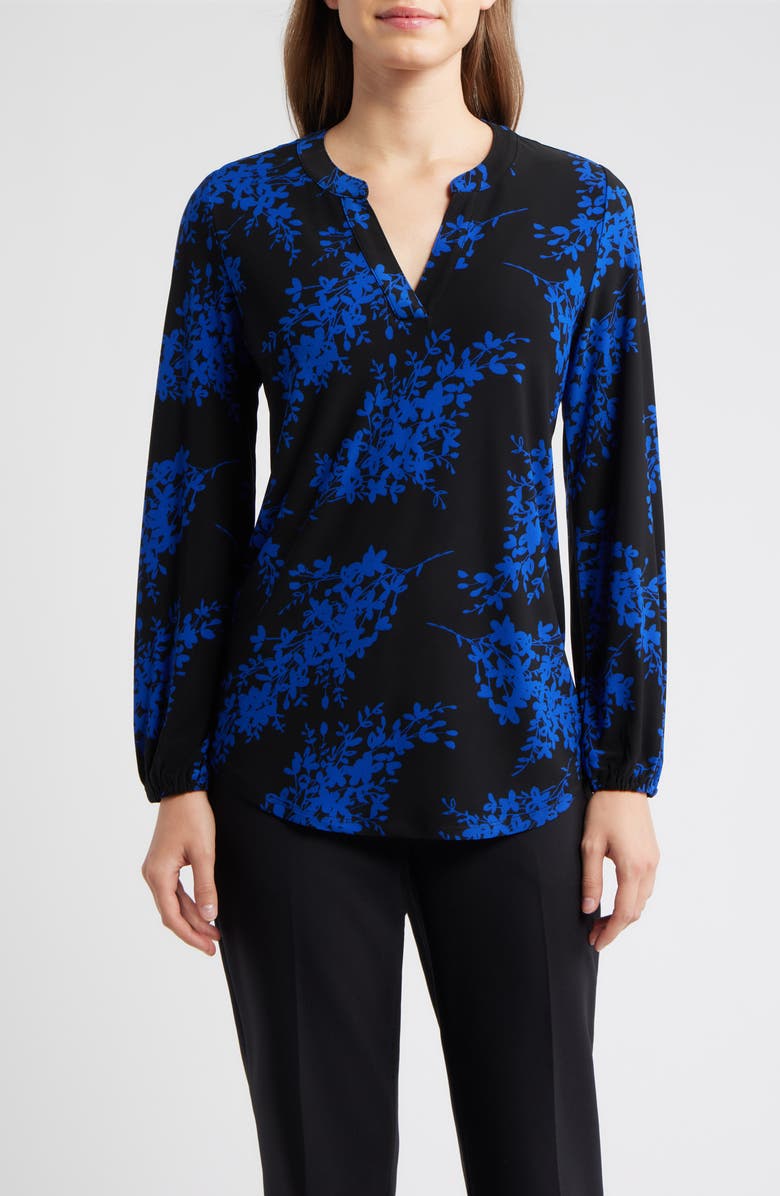 AK ANNE KLEIN Floral Print Split Neck Top, Main, color, Anne Black/ Empire Blue