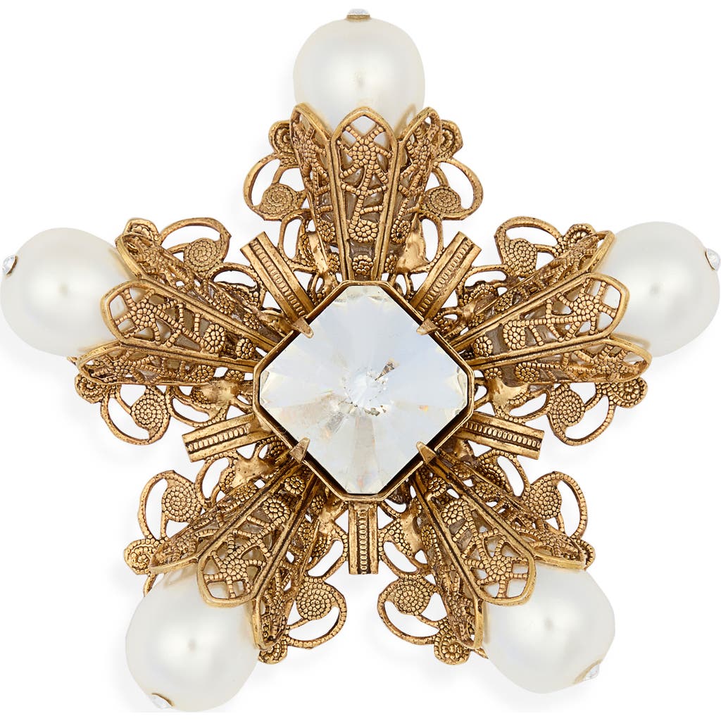 Kenneth Jay Lane Crystal & Faux Pearl Flower Pin In Gold