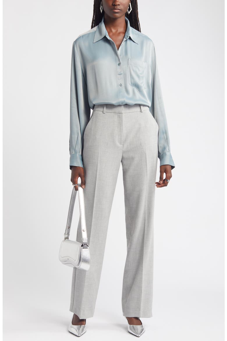 Bishop Sleeve Satin Button-Up Shirt, Alternate, color, GREY MINERAL
