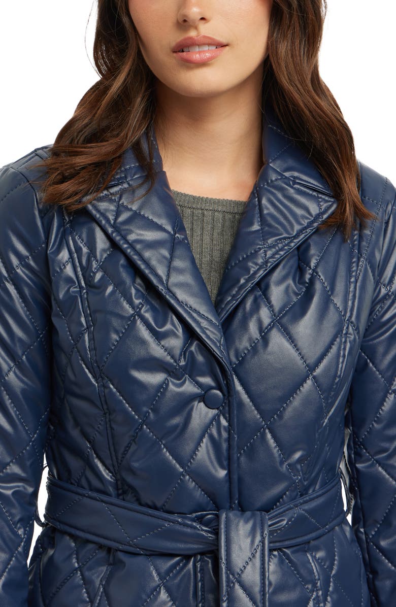 BADGLEY MISCHKA Quilted Faux Leather Trench Coat, Alternate, color, Navy