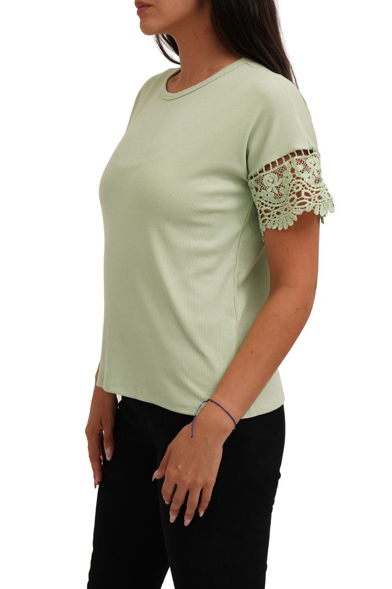 Lace Trim Short Sleeve Ribbed Top, Alternate, color, MINT GREEN