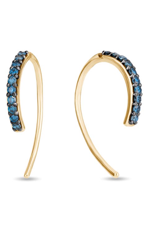 14k Gold Blue Diamond Hooked Hoop Earrings