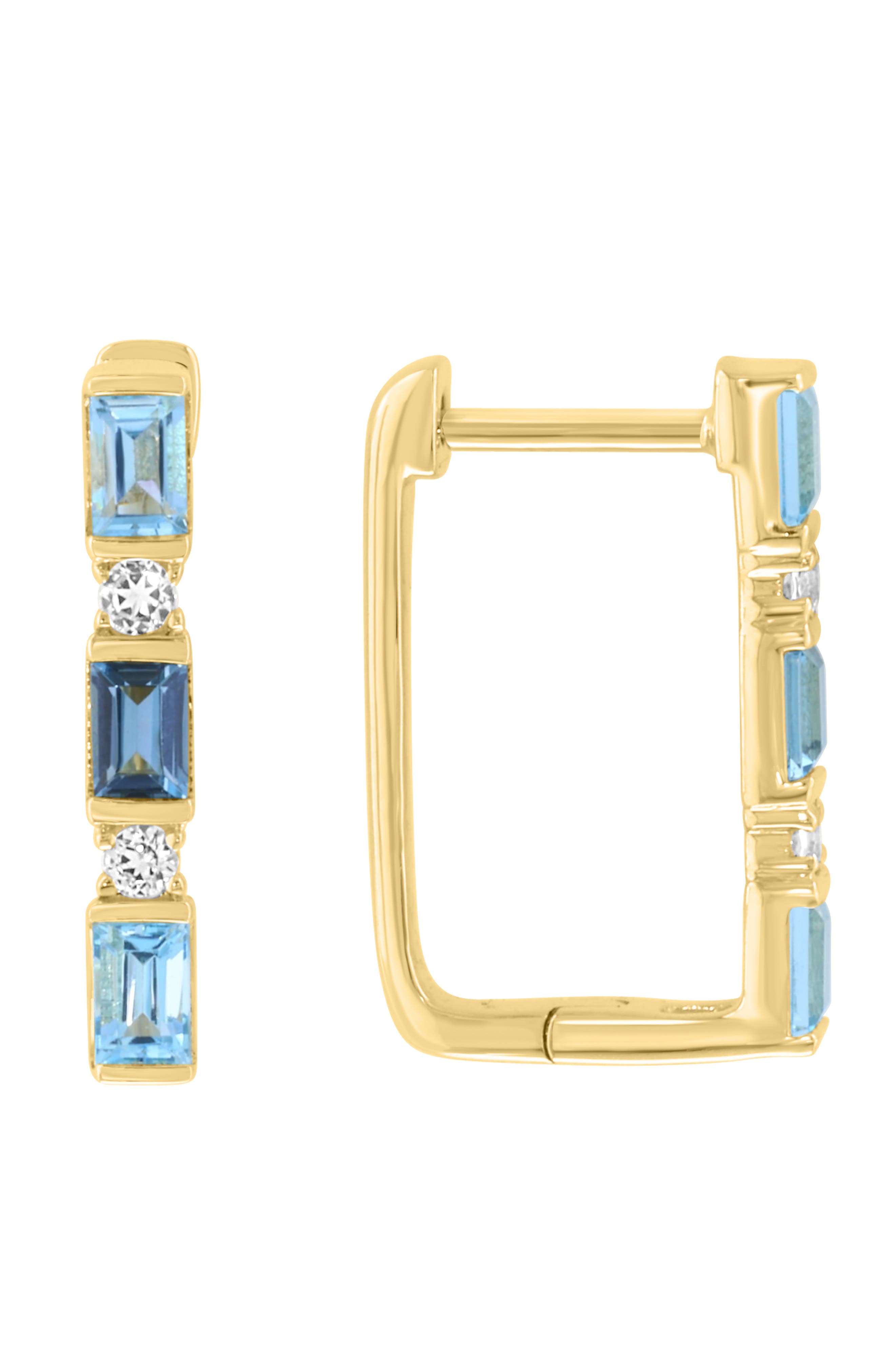 Gold Plated Sterling Silver Blue Stone Rectangular Hoop Earrings
