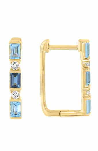 Gold Plated Sterling Silver Blue Stone Rectangular Hoop Earrings