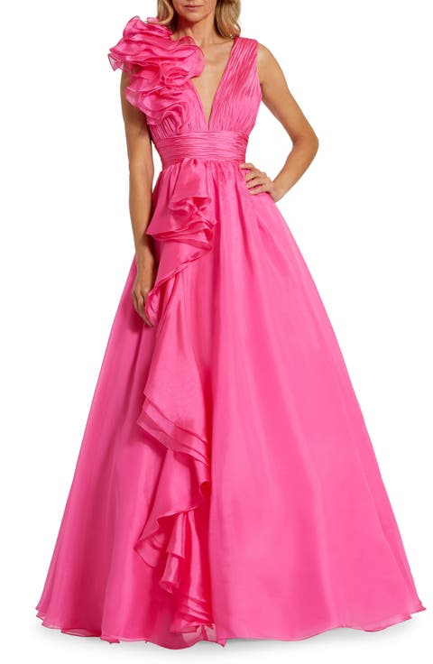 Ruffle Shoulder V-Neck Chiffon Gown