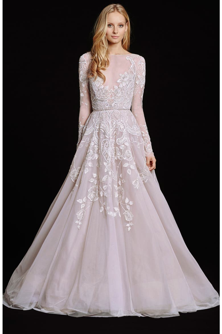 Hayley Embellished English Net & Tulle Long Sleeve Ballgown, Alternate, color, AMETHYST