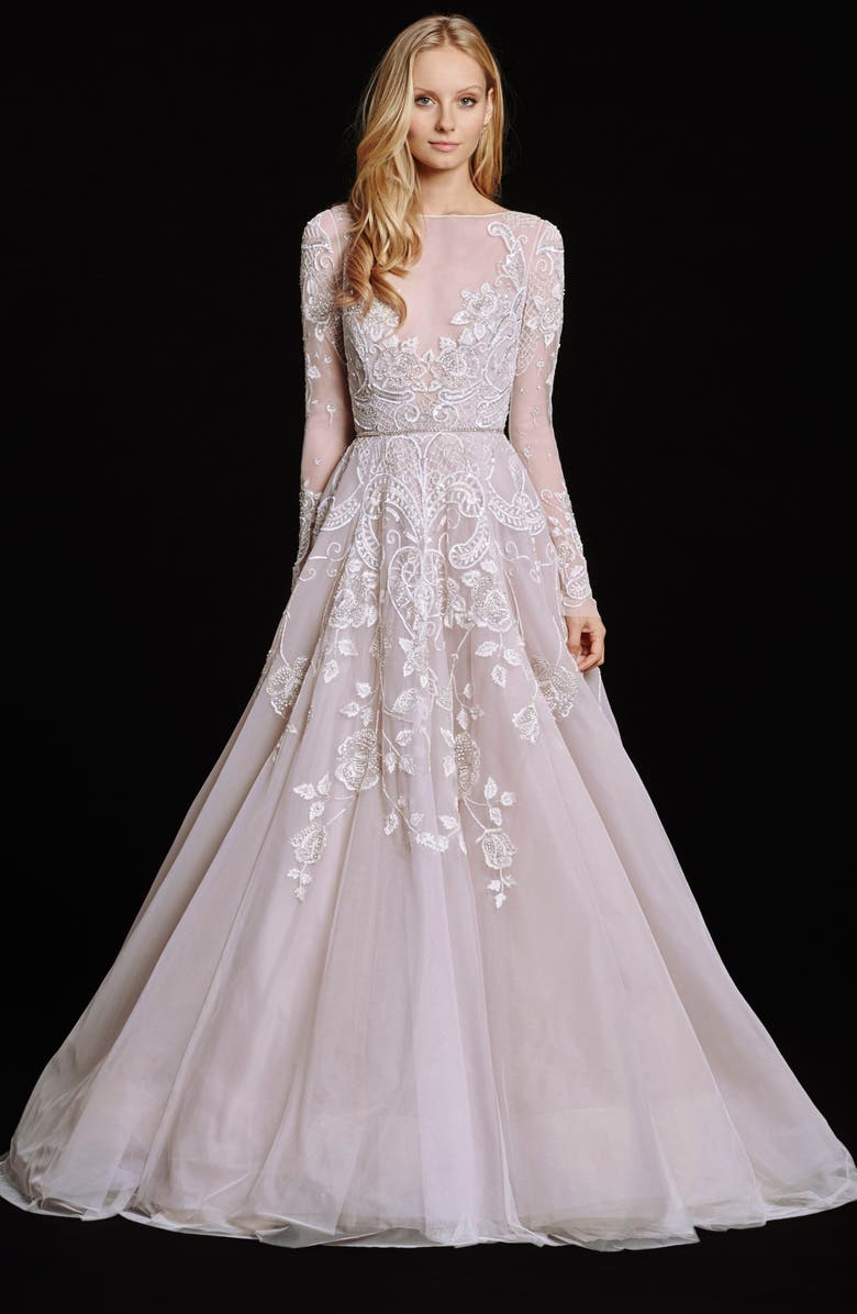 Hayley Paige Hayley Embellished English Net & Tulle Long Sleeve Ballgown, Alternate, color, 