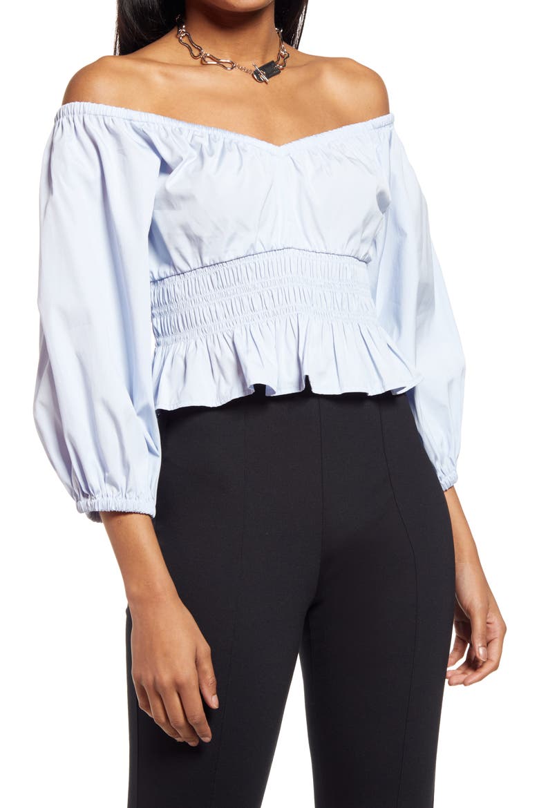Off the Shoulder Cotton Poplin Blouse, Main, color, BLUE FEATHER