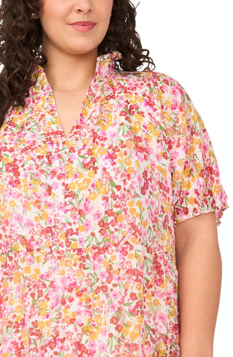 CeCe Floral Tiered Ruffle Neck Cotton Dress, Alternate, color, New Ivory/ Pink Multi