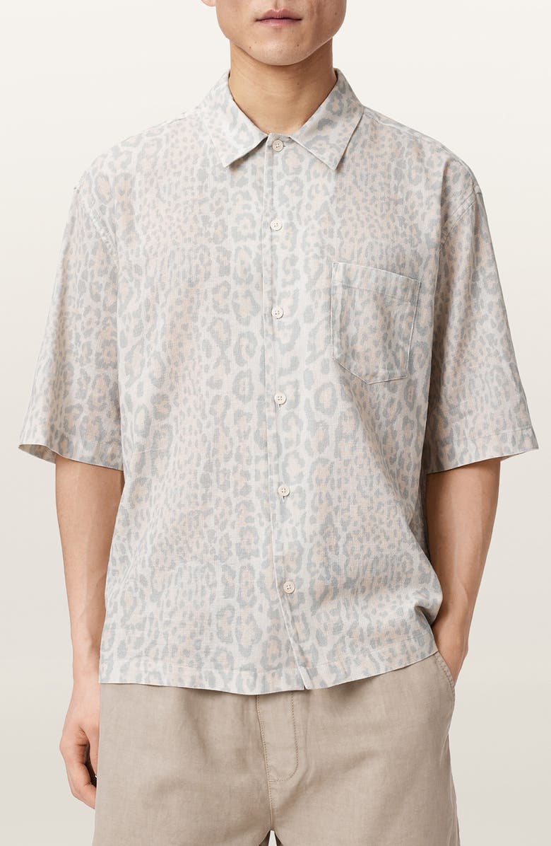 AllSaints Cruz Leopard Print Linen & Cotton Button-Up Shirt, Main, color, Candy Yellow
