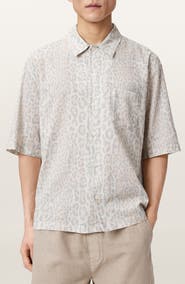 AllSaints Cruz Leopard Print Linen & Cotton Button-Up Shirt