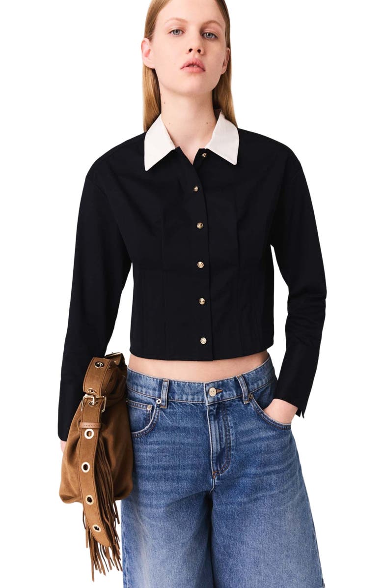 maje Cropped poplin shirt, Alternate, color, Navy