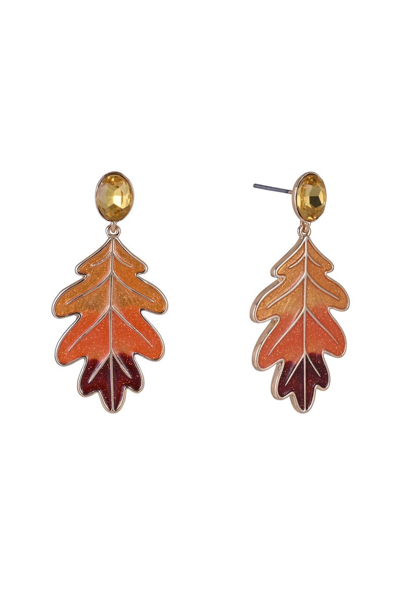 Glitter Enamel Oak Leaf Earrings, Main, color, Orange