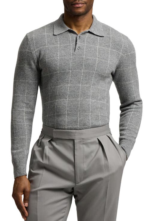 Windowpane Plaid Cashmere Polo Sweater