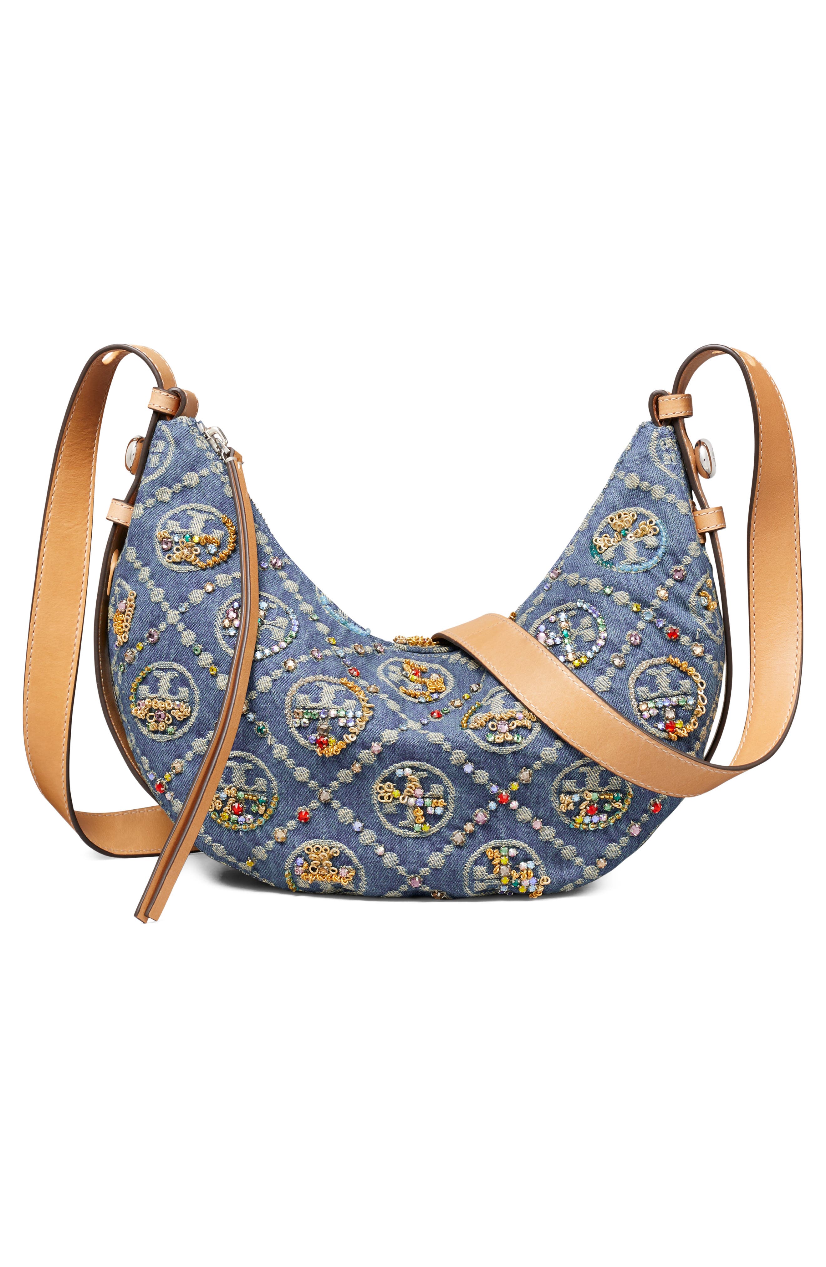 Romy T Monogram Embellished Denim Half Moon Bag, Alternate, color, BOAT HOUSE