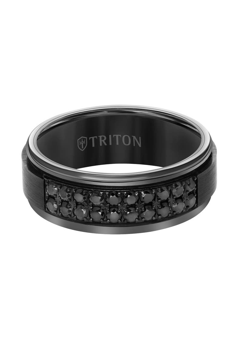 Triton 8MM Black Tungsten Carbide Ring with Double Row of Black Sapphires and Step Edge, Alternate, color, 