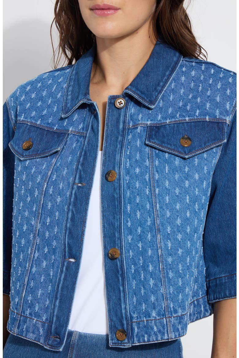 Thea Crop Short Sleeve Denim Jacket, Alternate, color, MID WASH