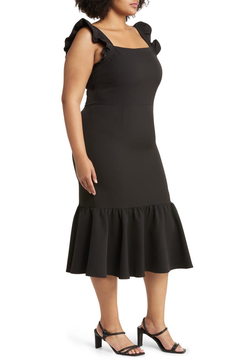Print Ruffle Sleeve Midi Dress, Alternate, color, BLACK
