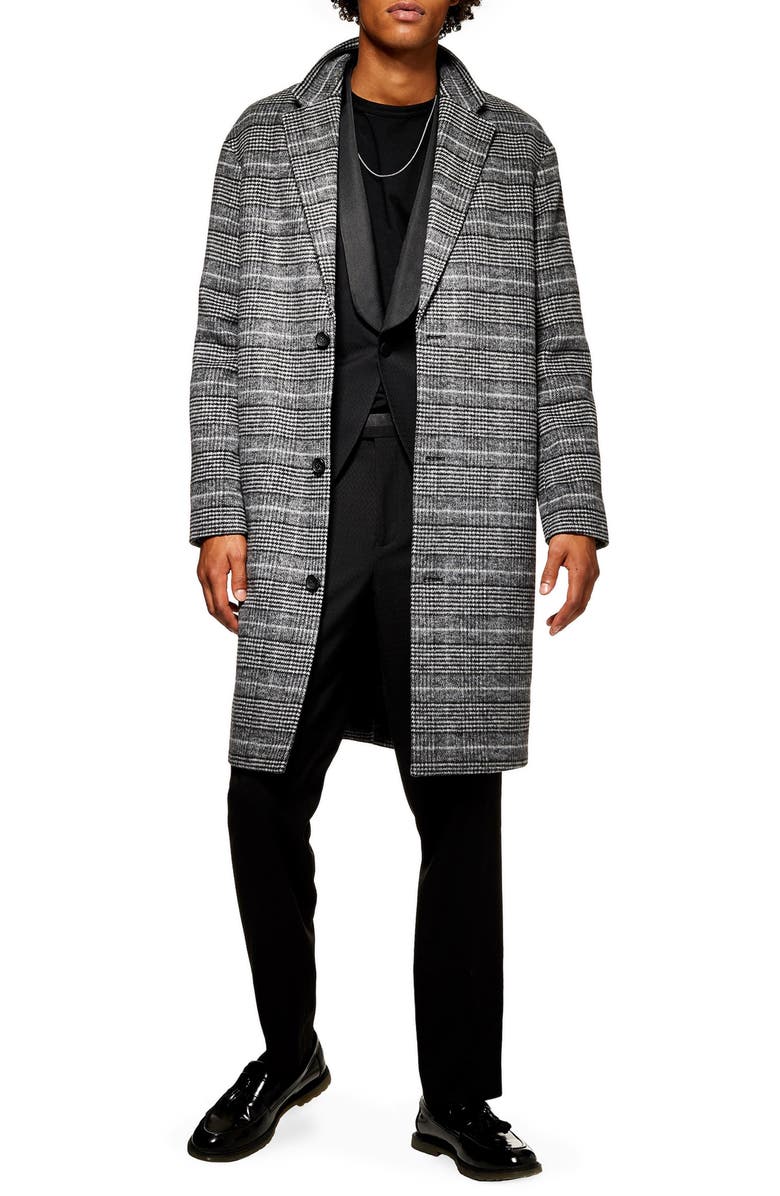 Topman Hayden Check Print Overcoat, Main, color, 