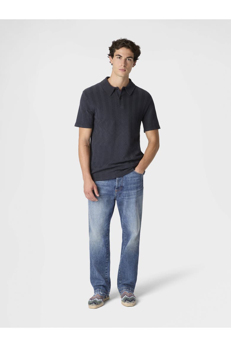 Cotton And Viscose Polo Shirt With Tone-on-tone Zigzag Motif, Alternate, color, Blue