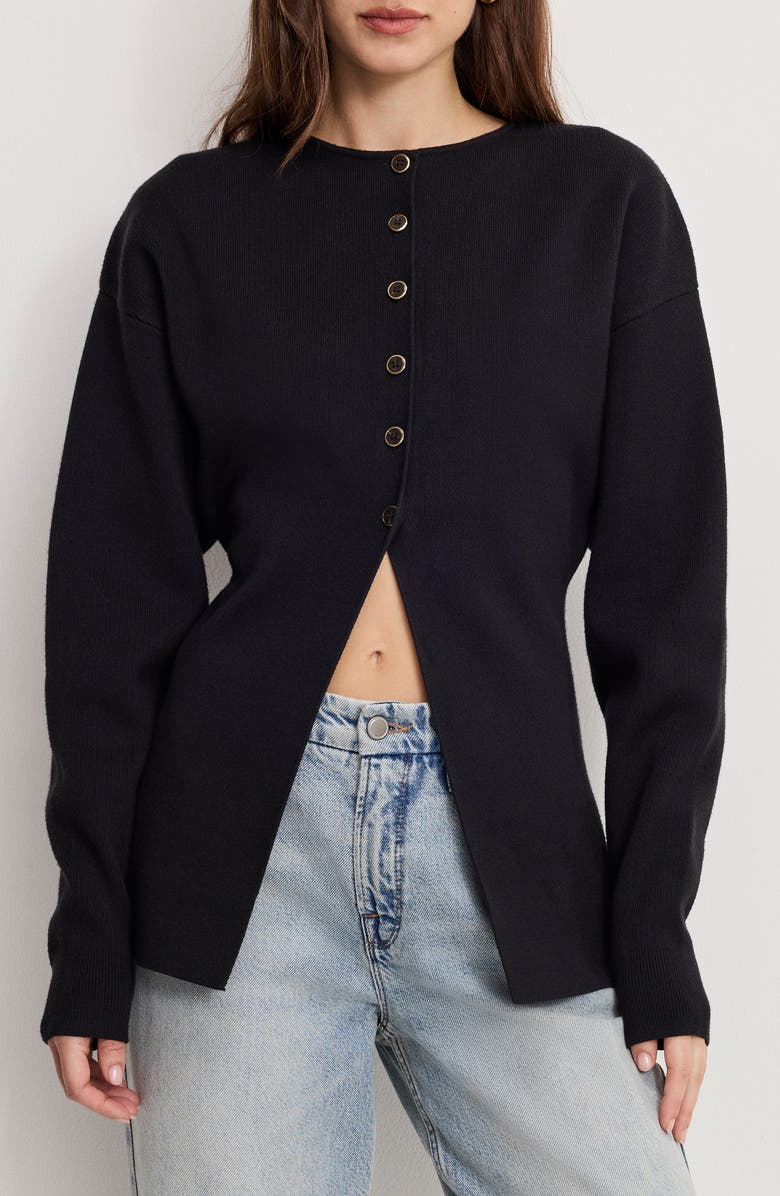 Good American Split Front Button Up Sweater, Main, color, Black001