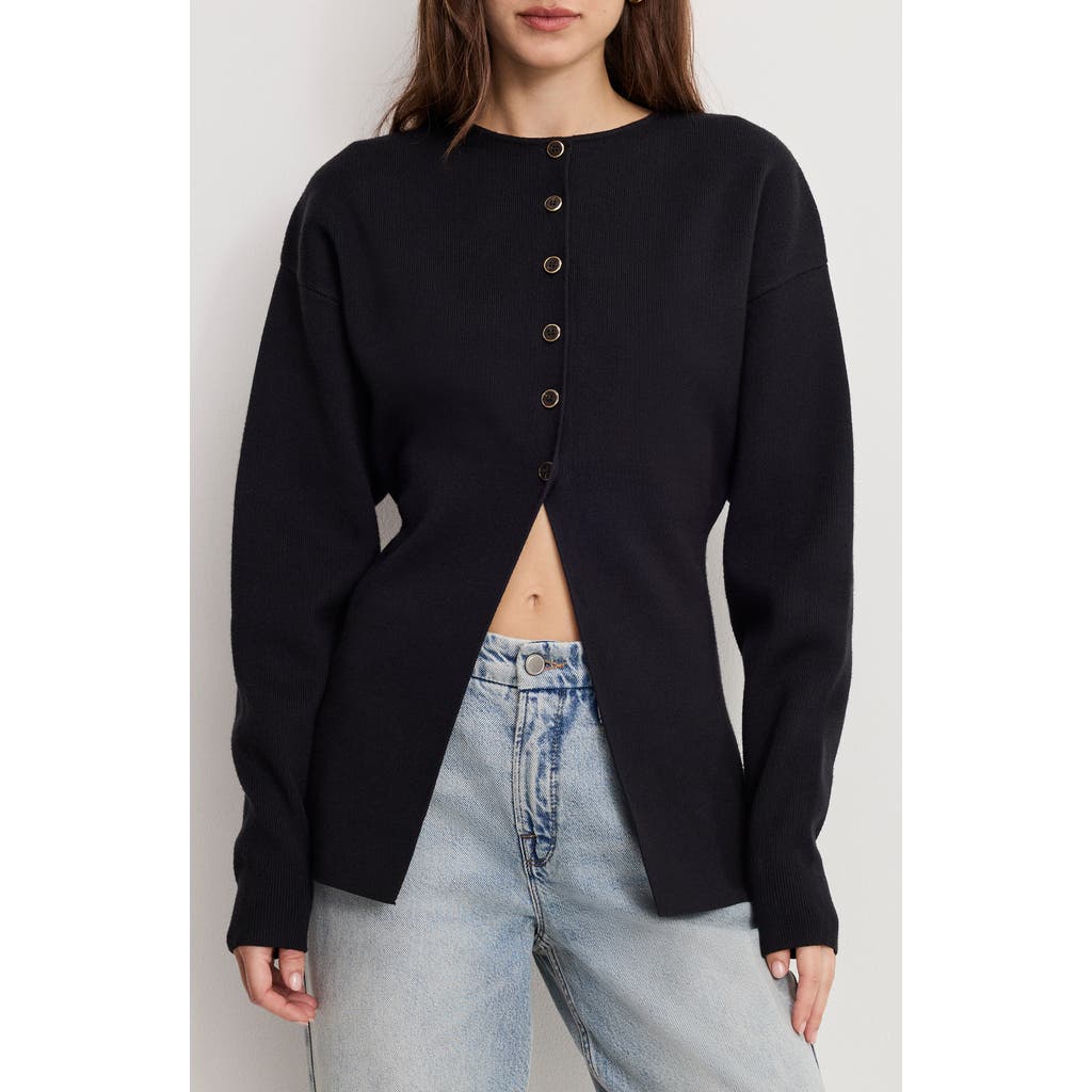 Good American Split Front Button Up Sweater In Black