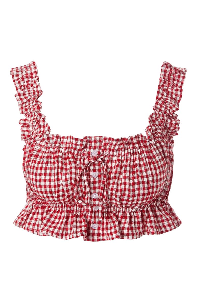 WeWoreWhat Ruffle Button Up Crop Top, Alternate, color, Red Multi