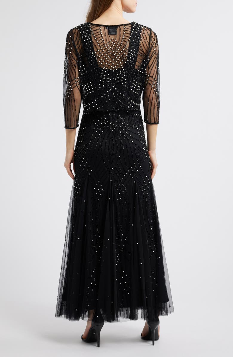 Pisarro Nights Two-Tone Beadwork Trumpet Gown with Sheer Bolero, Main, color, Black 001