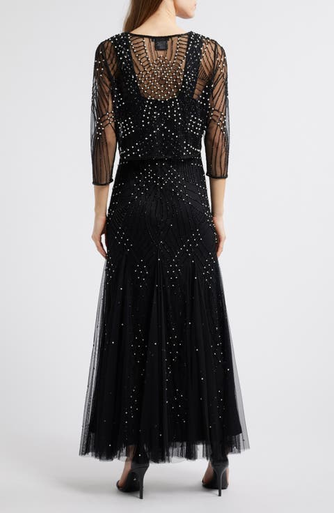 Two-Tone Beadwork Trumpet Gown with Sheer Bolero