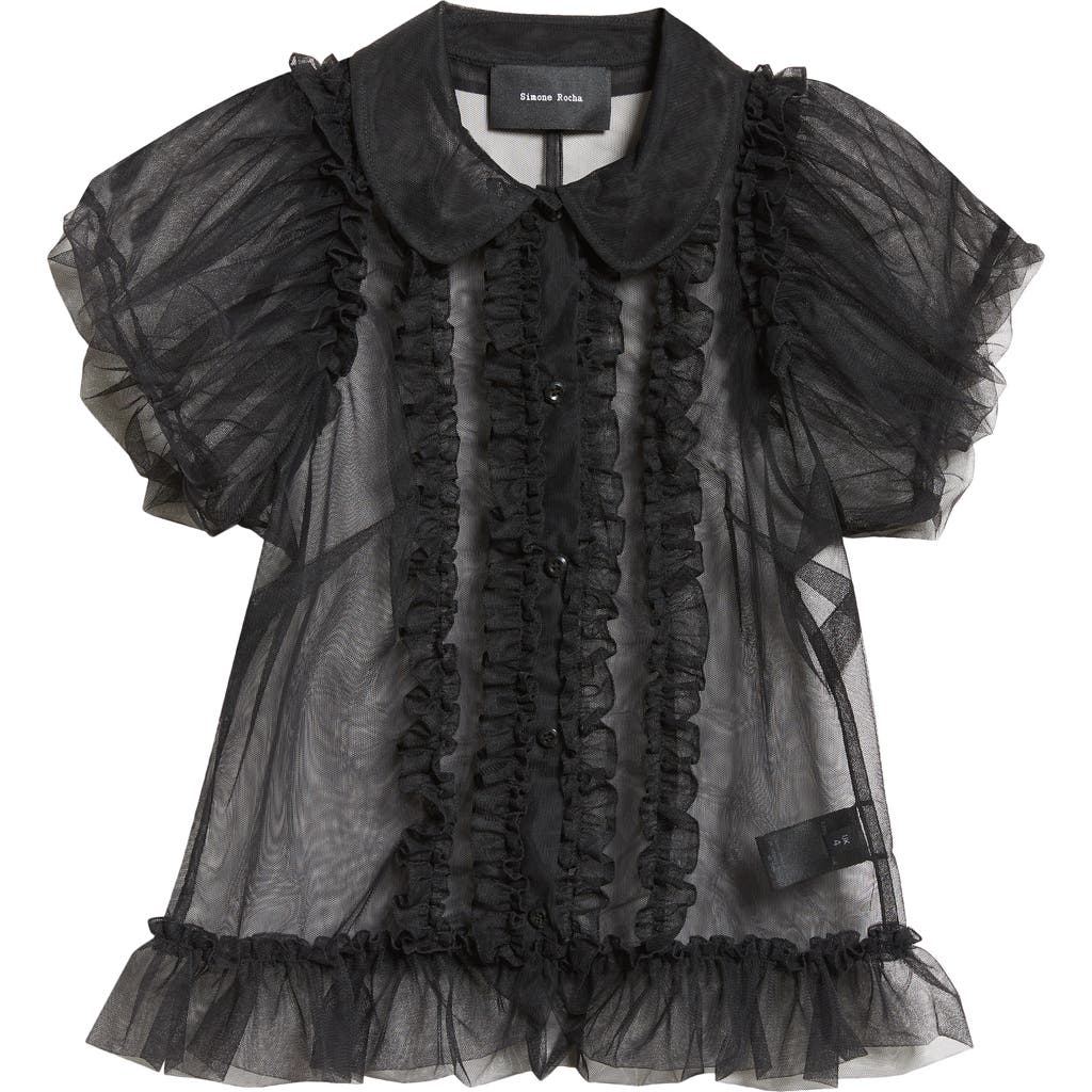 Simone Rocha Ruffle Puff Sleeve Sheer Tulle Top In Black