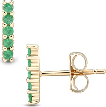 14K Yellow Gold Emerald Bar Stud Earrings