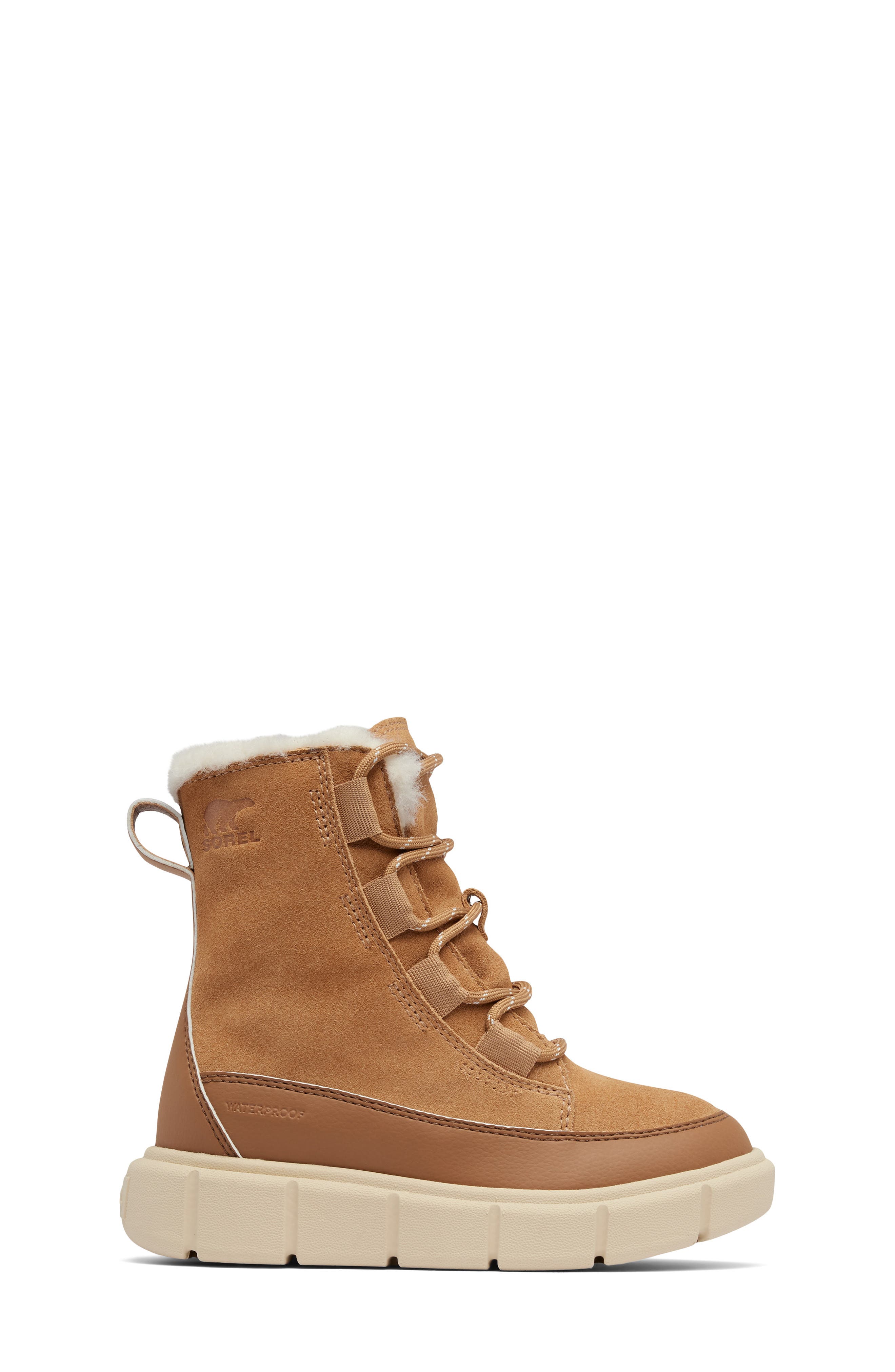 SOREL Kids' Explorer III Faux Fur Waterproof Boot, Alternate, color, Tawny Buff/ Bleached Ceramic