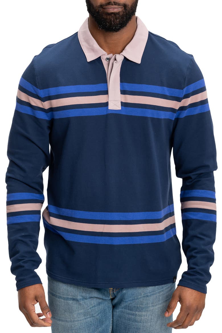 Ashby Stripe Long Sleeve Organic Cotton Blend Piqué Polo, Main, color, RAW DENIM / ECLIPSE