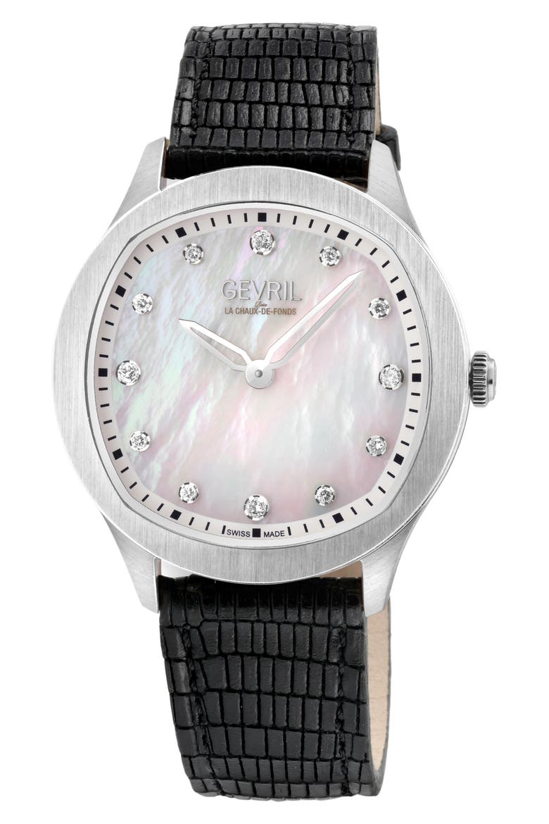 Morcote Swiss Diamond Leather Strap Watch, 36mm - 0.009ct., Main, color, BLACK