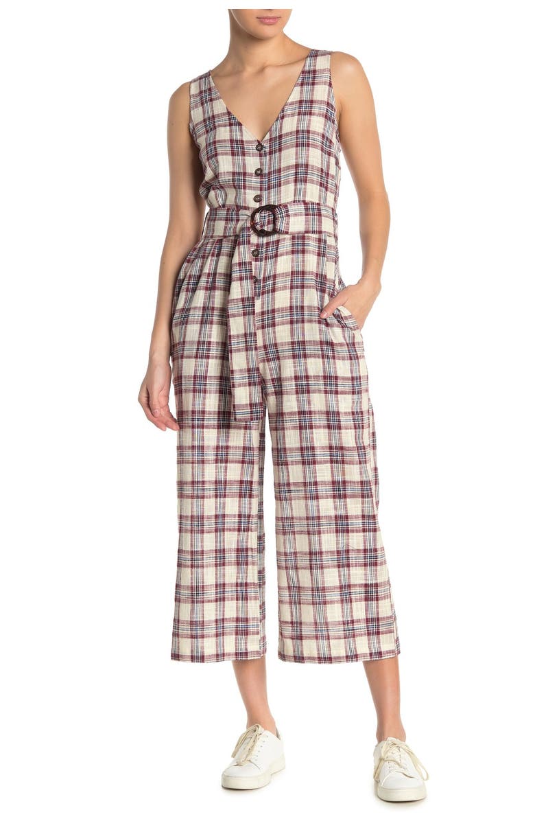 MOON RIVER Plaid Belted Sleeveless Crop Jumpsuit, Alternate, color, 