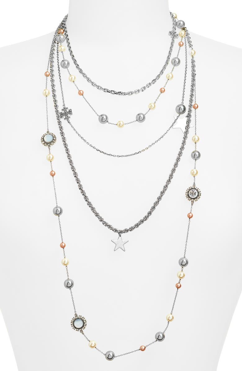 Tory Burch Faux Pearl and Mother-of-Pearl Station Multistrand Necklace, Alternate, color,