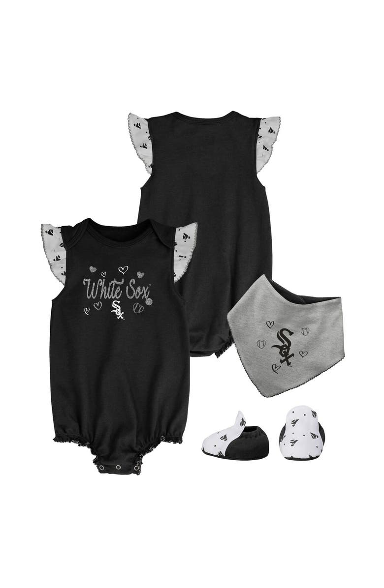 Outerstuff Girls Newborn & Infant Black Chicago White Sox 3-Piece Home Plate Bodysuit Bib & Booties Set, Main, color, Black