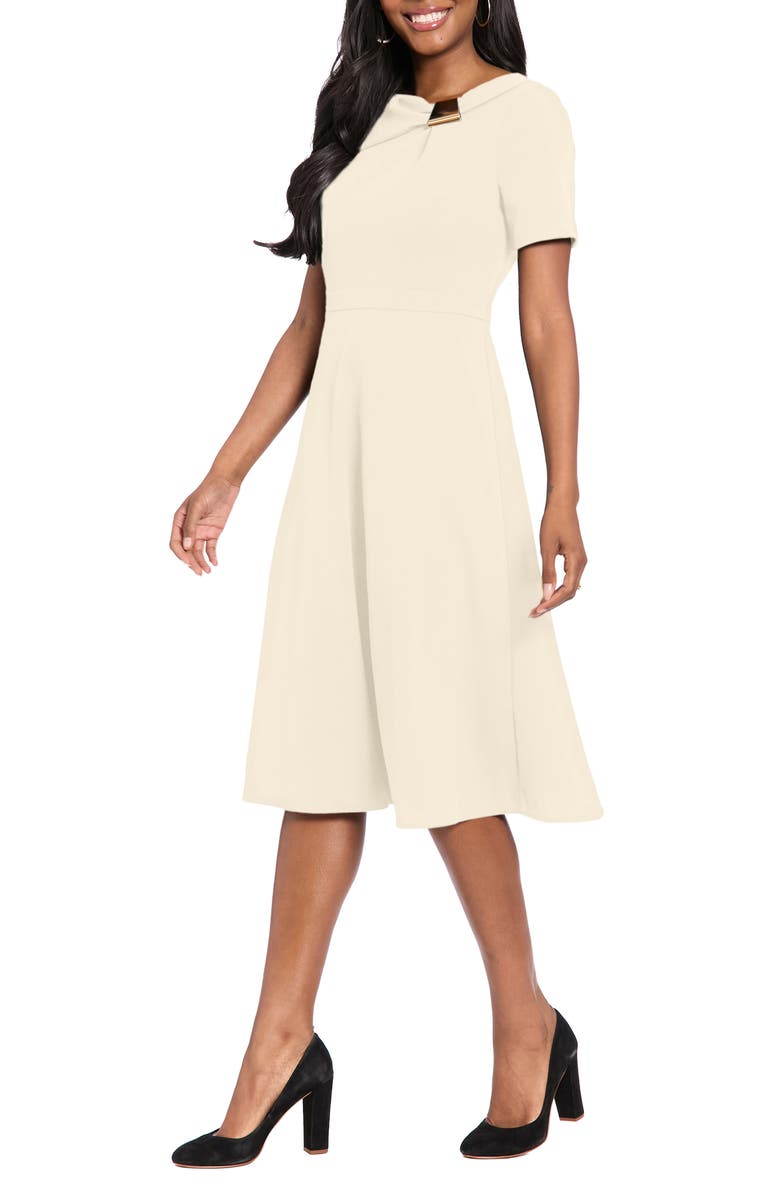 London Times Hardware Neck Fit & Flare Midi Dress, Alternate, color, Sugar Ivory