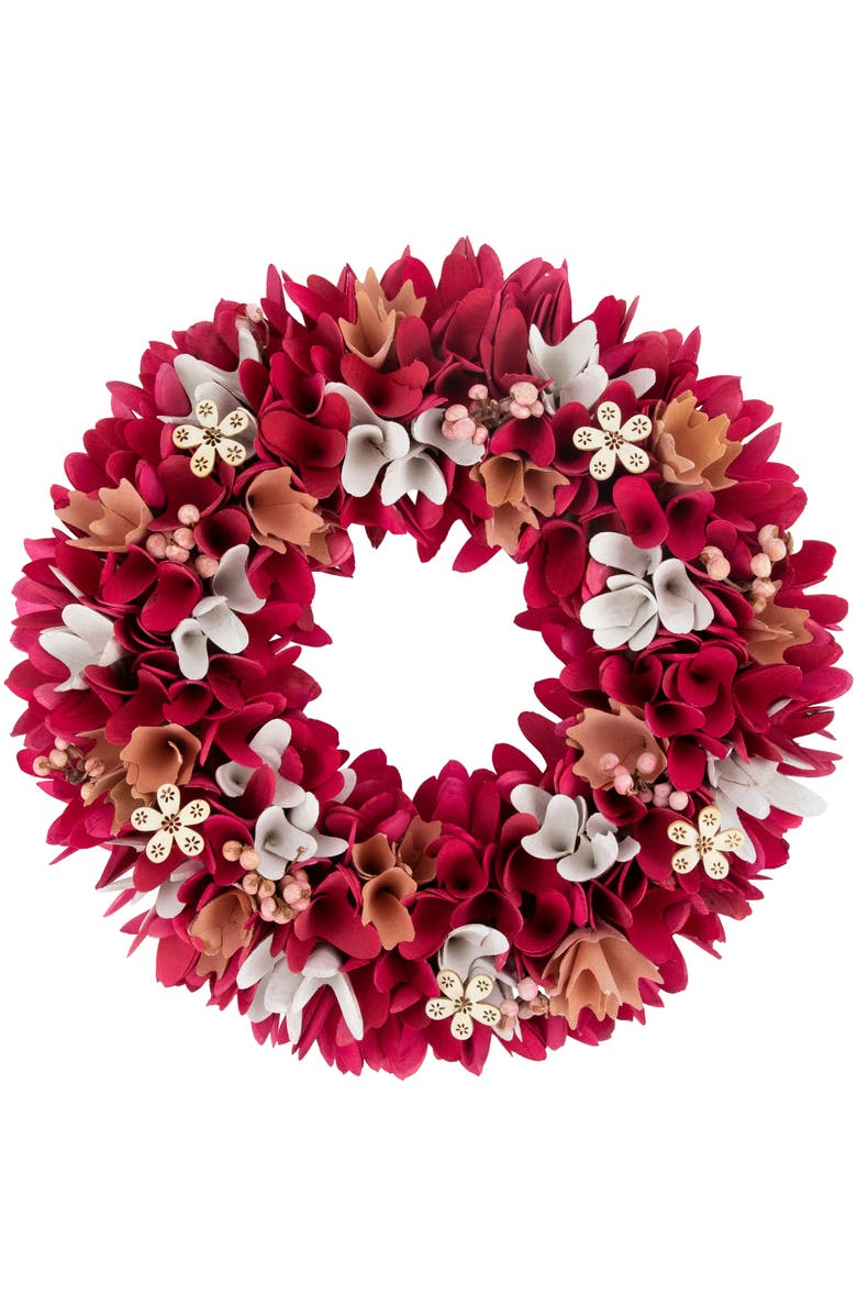 Northlight Wooden Floral Spring Wreath with Berries - 13" - Fuchsia Pink and White, Main, color, Red