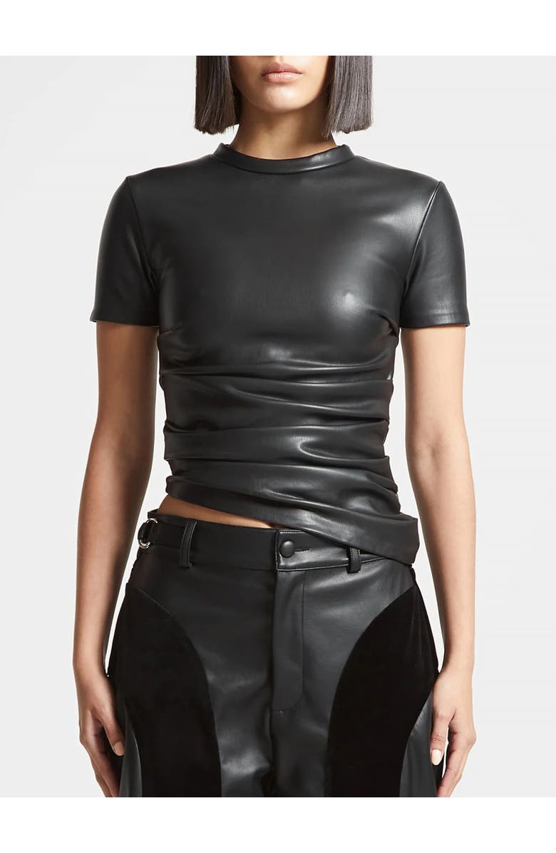 Manière De Voir Leather Ruched T-Shirt, Alternate, color, Black
