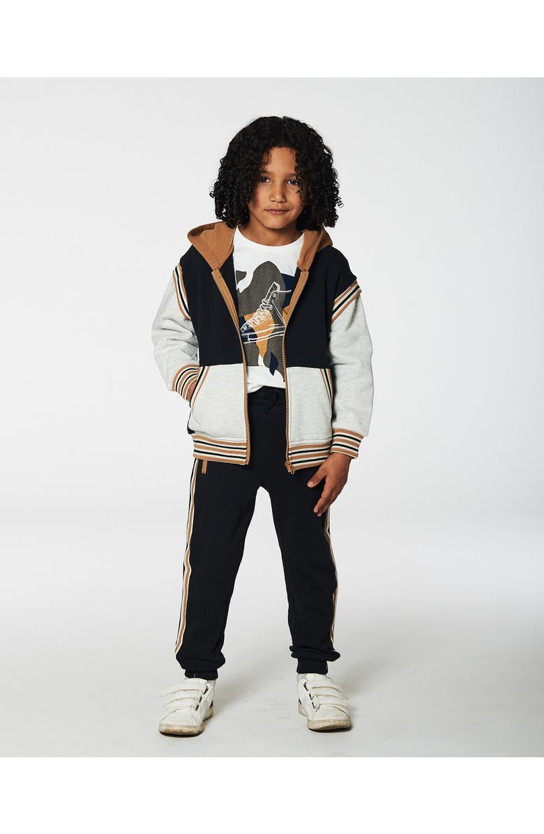 Deux par Deux Little Boy's Full Zip Hooded Fleece Black And Beige, Alternate, color, 