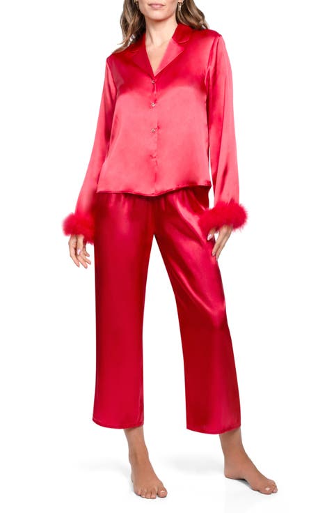 Nayeli Marabou Trim Satin Top & Pants Pajamas